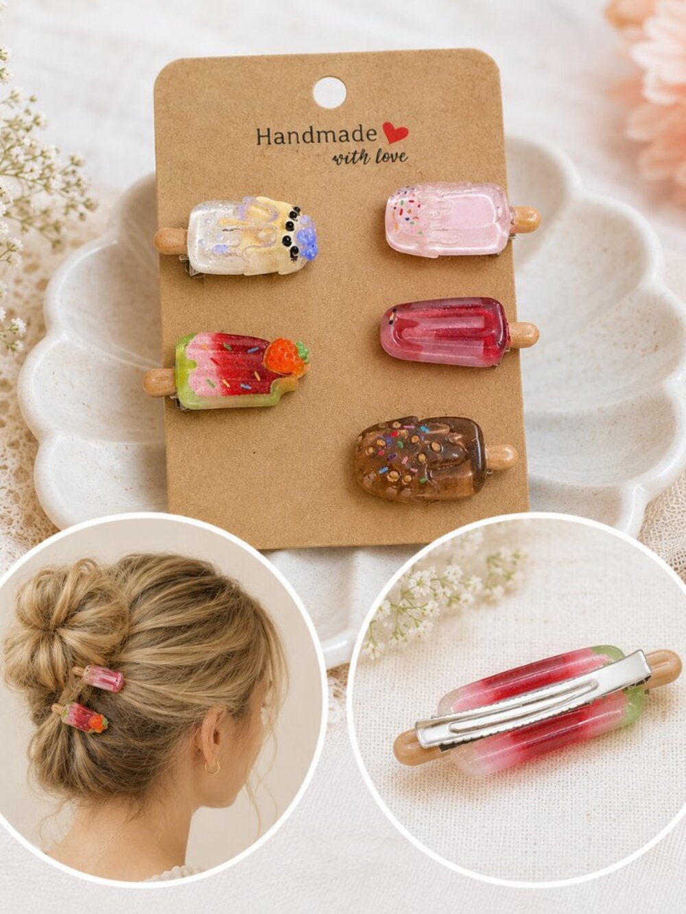Coquette Kawaii Popsicle Hair Clips Set of 5 Pastel Strawberry Resin Barrettes